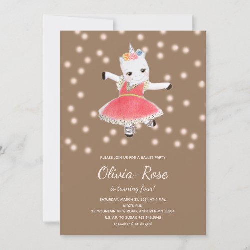 Pink Ballerina Unicorn Girl Birthday Invitation