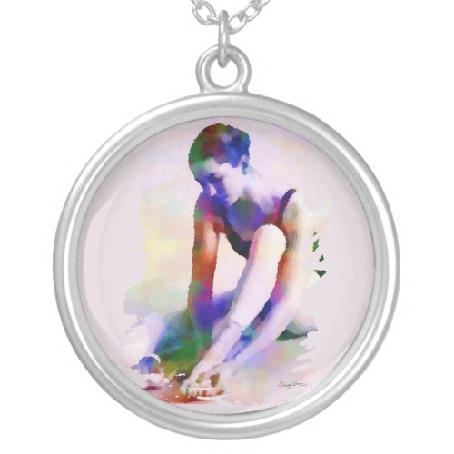 Pink Ballerina Watercolor Contemporary Art Silver Plated Necklace