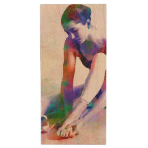 Pink Ballerina Watercolor Contemporary Art Wood Flash Drive