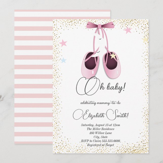 Pink ballet flats, cute stars baby shower  invitat invitation (Front/Back)