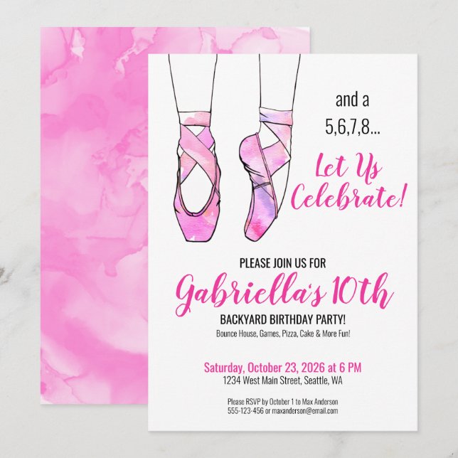 Pink Ballet Girl's Birthday Party Invitation (Front/Back)