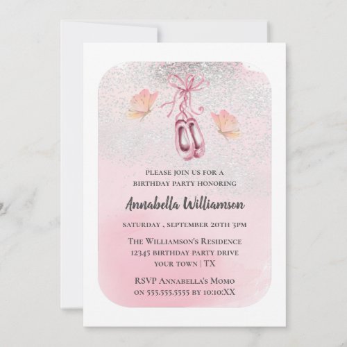 Pink Ballet Shoes  Butterfly Birthday Party  Invitation