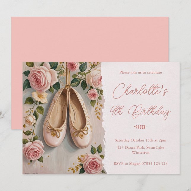 Pink Ballet Shoes & Roses Birthday Invitation (Front/Back)