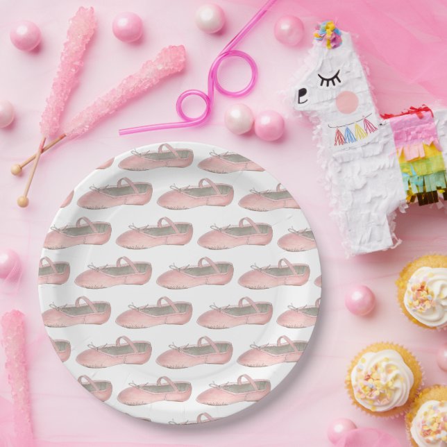 Pink Ballet Shoes Slippers Ballerina Dance Class Paper Plates (Party)