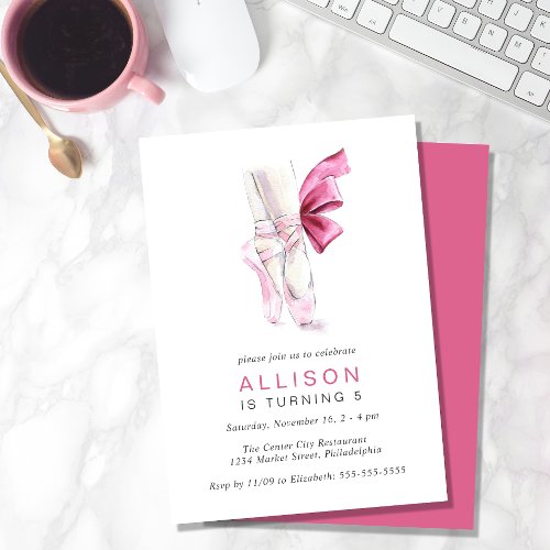 Pink Ballet Shoes Watercolor Birthday Party Invitation