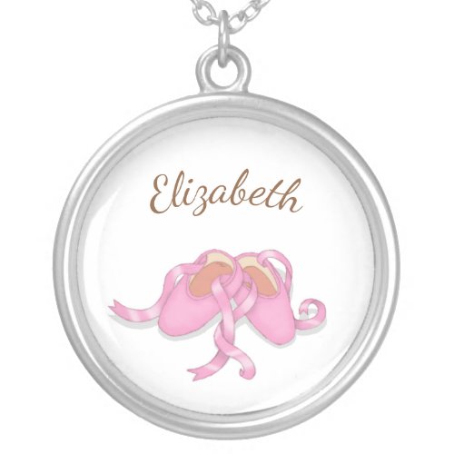 Pink Ballet Slippers Custom Name or Text Silver Plated Necklace