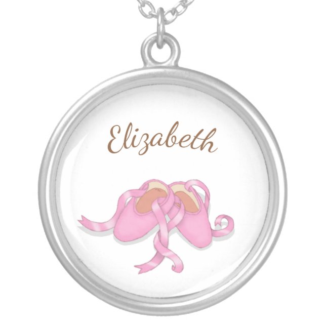 Pink Ballet Slippers Custom Name or Text Silver Plated Necklace (Front)