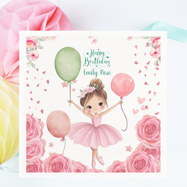 Pink Ballet Theme with Name & Balloons Napkins (Personalized Ballerina Birthday Party Napkins - Pink Ballet Theme with Name & Balloons)