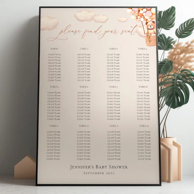 Pink Ballloons Bear Seating Chart Baby Shower Foam Board Zazzle