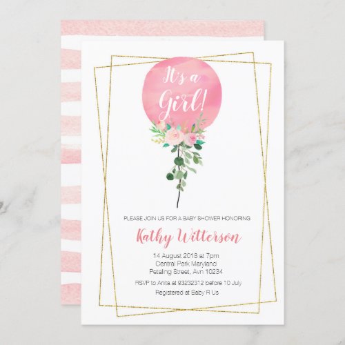 Pink Ballon Its a girl baby shower Invitation