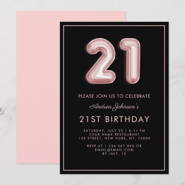 Pink Ballon Number 21st Birthday Frame Minimalist  Invitation (Front/Back)