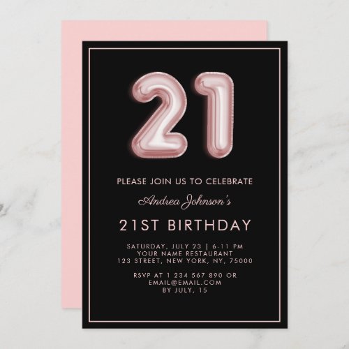 Pink Ballon Number 21st Birthday Frame Minimalist  Invitation