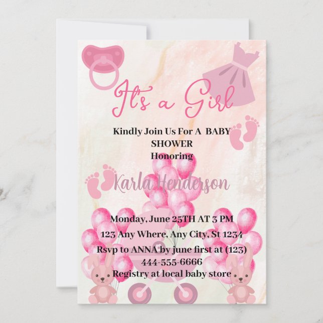 Pink Ballons Bunny Rabbit It's a Girl Baby Shower  Invitation (Front)