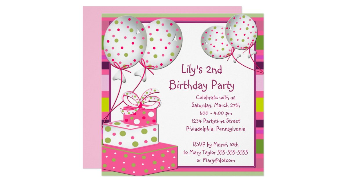 pink ballons girls 2nd birthday party card | zazzle pink ballons girls 2nd birthday party card | zazzle, Birthday invitations
