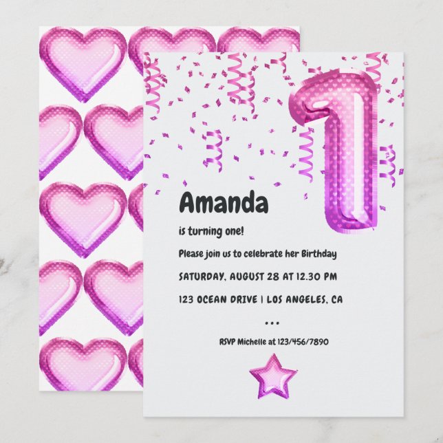 Pink Balloon 1st Birthday Party Invitation (Front/Back)