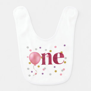 Pink Balloon and Confetti First Birthday Baby Bib