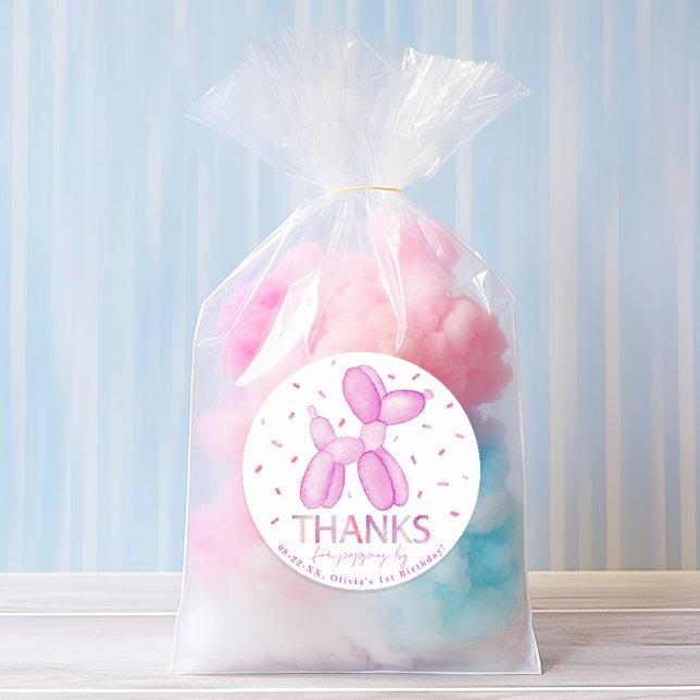 Pink Balloon Animal Party Sticker (purple pastel watercolor 1st birthday party stickers)