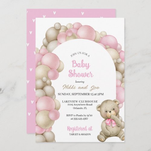 Pink Balloon Arch Teddy Bear Baby Shower Invitation