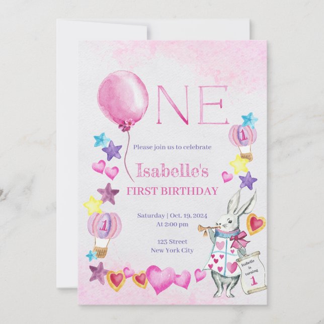 Pink Balloon Baby Birthday Watercolor Invitation (Front)