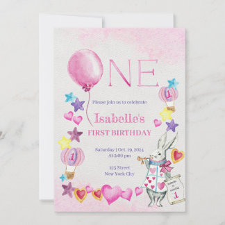 Pink Balloon Baby Birthday Watercolor Invitation