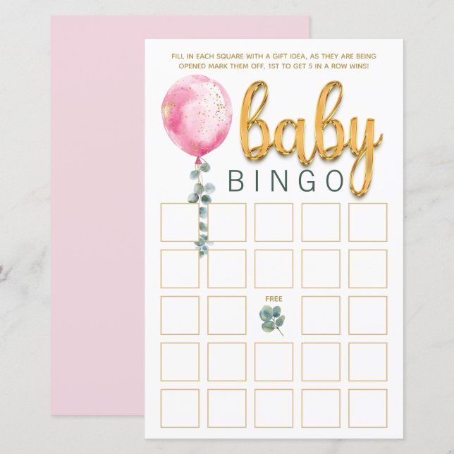 Pink Balloon Baby Shower Bingo Game Card (Front/Back)