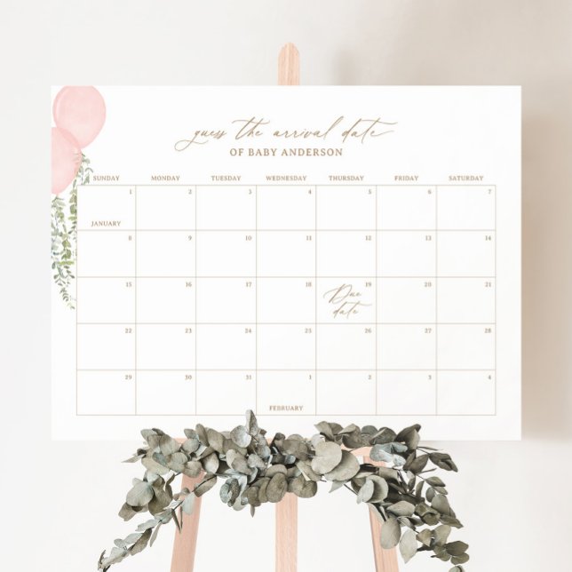 Pink Balloon Baby Shower Due Date Calendar Foam Board (Creator Uploaded)