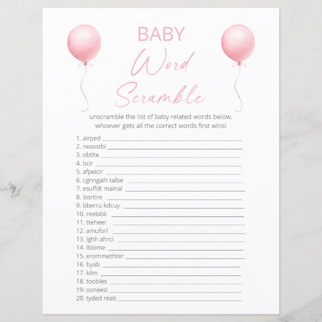 Pink Balloon Baby Shower Word Scramble (Front)