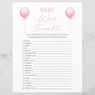 Pink Balloon Baby Shower Word Scramble