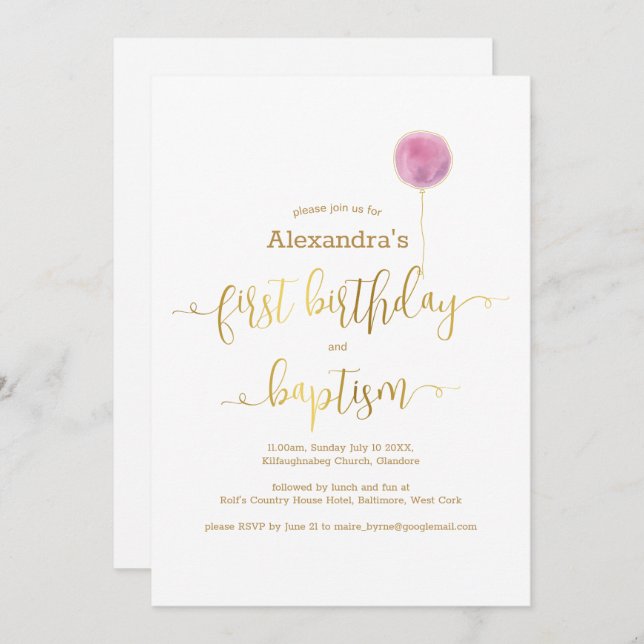Pink Balloon Baptism & 1st Birthday Gold Script Invitation (Front/Back)