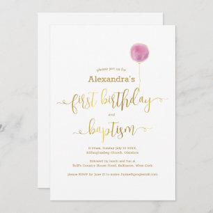 Pink Balloon Baptism & 1st Birthday Gold Script Invitation