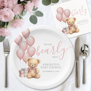 Pink Balloon Bear Baby Shower Paper Plates