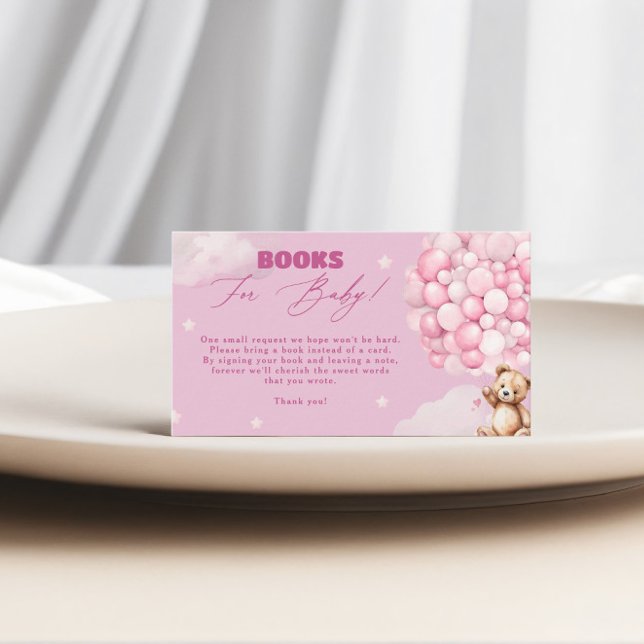 Pink Balloon Bear Books For Baby Girl Baby Shower Enclosure Card (Creator Uploaded)