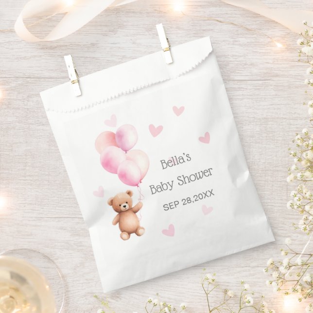 Pink Balloon Bear Heart Baby Shower Favor Bag (Clipped)