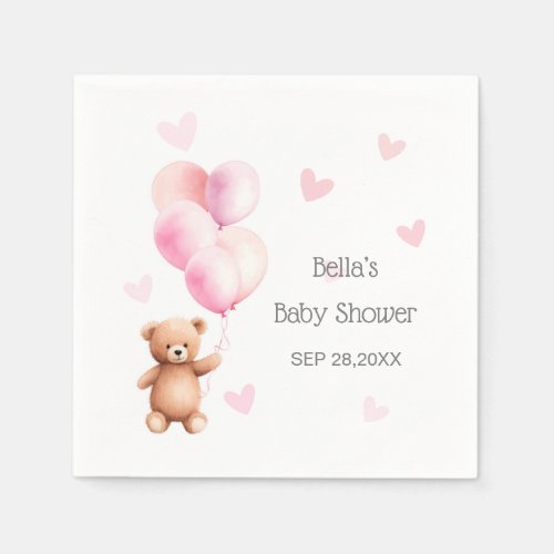 Pink Balloon Bear Heart Baby Shower Napkins