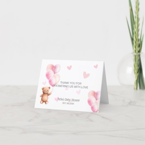 Pink Balloon Bear Heart Baby Shower  Thank You Card