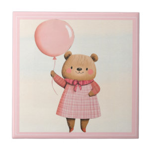 Pink Balloon Bear with Plaid Outfit Ceramic Tile