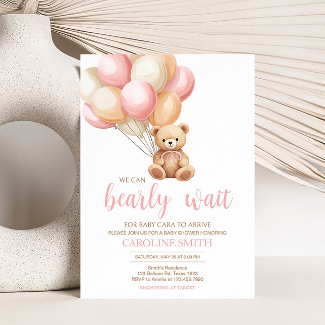 Pink Balloon Boho Bear Baby Shower Invitation (We Can Bearly Wait Girl Baby Shower Invitation)