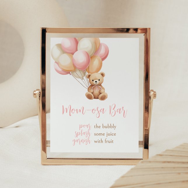 Pink Balloon Boho Bear Baby Shower Mom Osa Bar Poster (We Can Bearly Wait Girl Baby Shower Mom Osa Bar Sign)