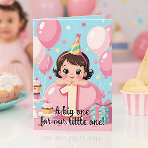 Pink Balloon Brunette Baby Niece First Birthday Card