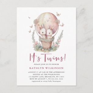 Pink Balloon Butterfly It’s Twins Girl Baby Shower Invitation Postcard