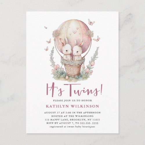 Pink Balloon Butterfly Its Twins Girl Baby Shower Invitation Postcard