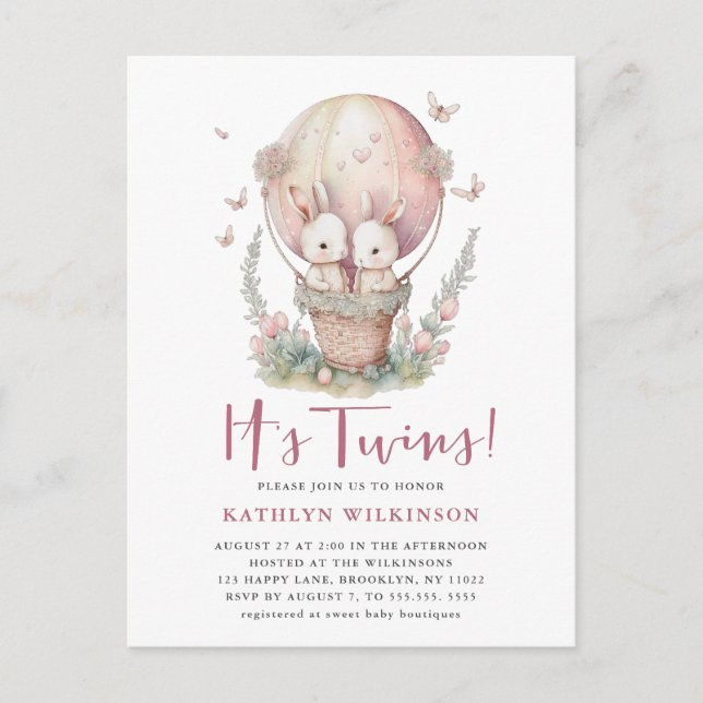 Pink Balloon Butterfly It’s Twins Girl Baby Shower Invitation Postcard (Front)