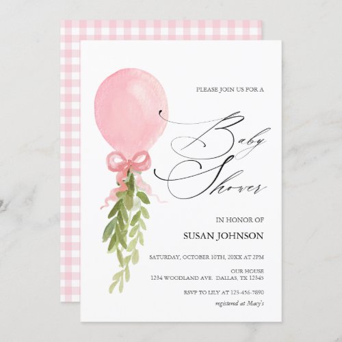 Pink Balloon Calligraphy Script Baby Shower Invitation