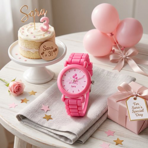 Pink Balloon Celebration Custom Name Birthday Girl Watch