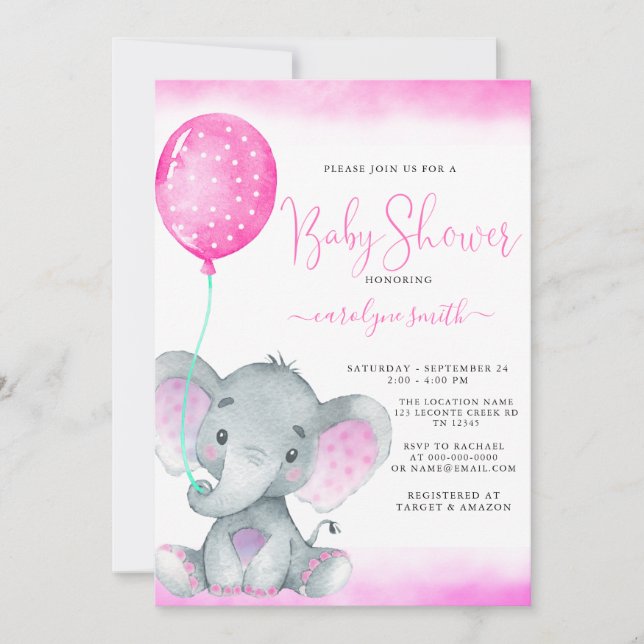 pink balloon cute elephant baby shower invitation (Front)