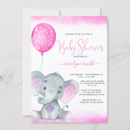 pink balloon cute elephant baby shower invitation