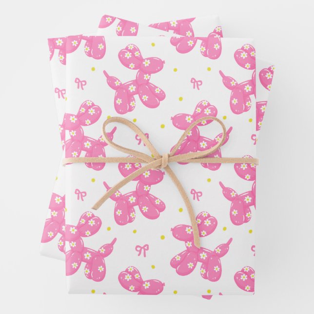 Pink Balloon Dog Pattern Wrapping Paper Sheets (In situ)