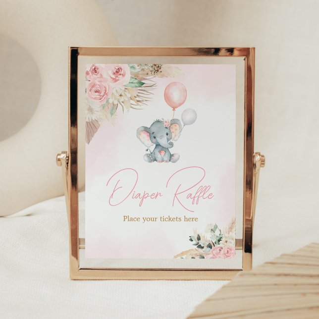 Pink Balloon Elephant Baby Shower Diaper Raffle Poster (Pink Floral Pampas Grass Elephant Baby Shower Diaper Raffle Sign)
