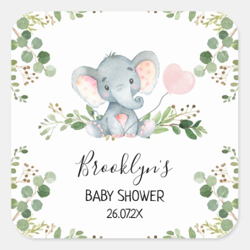 Pink Balloon Elephant Baby Shower Favor Sticker