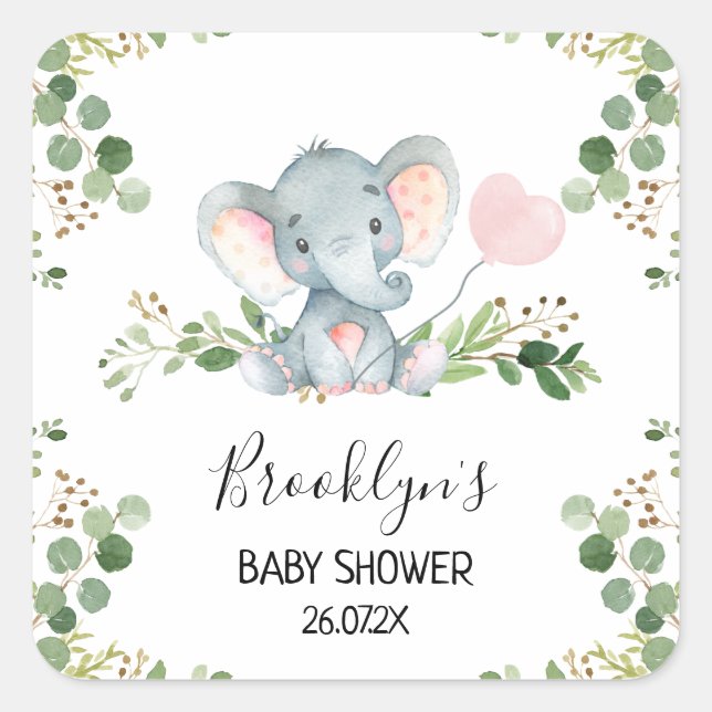 Pink Balloon Elephant Baby Shower Favor Sticker (Front)